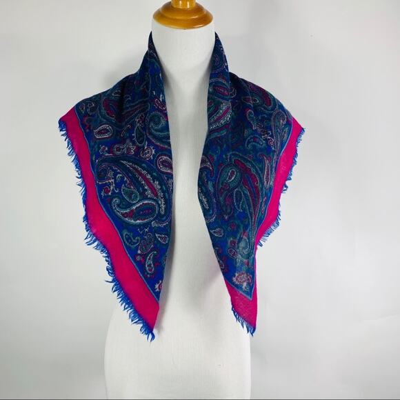 Pink blue Paisley Wool Scarf Nordstrom 28" - Picture 1 of 14